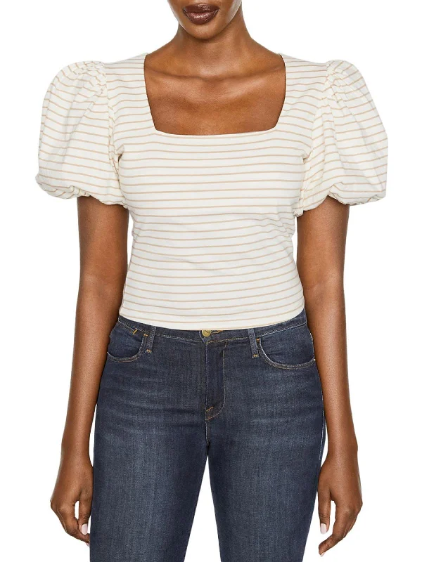 Nina Womens Striped Puff Sleeves Blouse Lightweight Floral Blouse