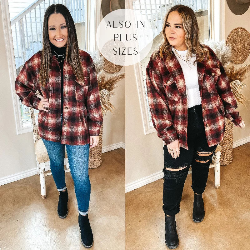 Original Idea Plaid Button Up Shacket in Maroon Lightweight Linen Blouse
