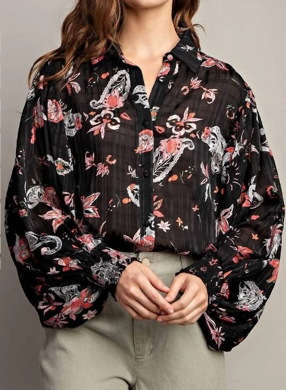Paisley Bishop Sleeve Blouse In Black Ruched Sleeve Blouse