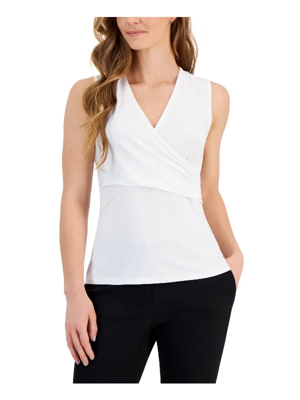 Petites Womens Faux-Wrap Sleeveless Blouse Soft Modal Blouse