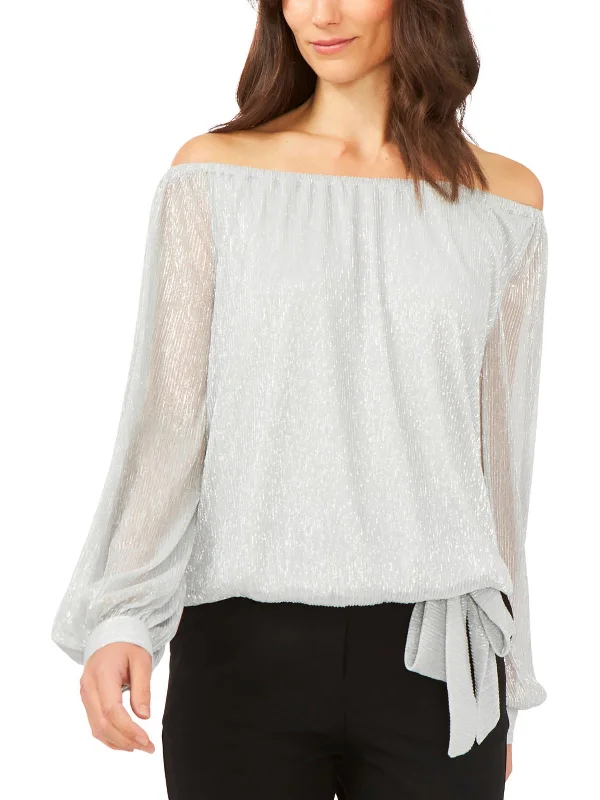 Petites Womens Metallic Sheer Blouse Lightweight Floral Blouse