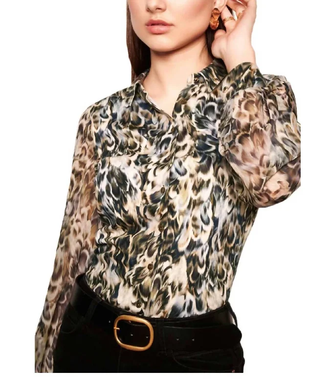Pia Sheer Sleeve Abstract Feathers Print Blouse In Green/multi Smart Business Blouse