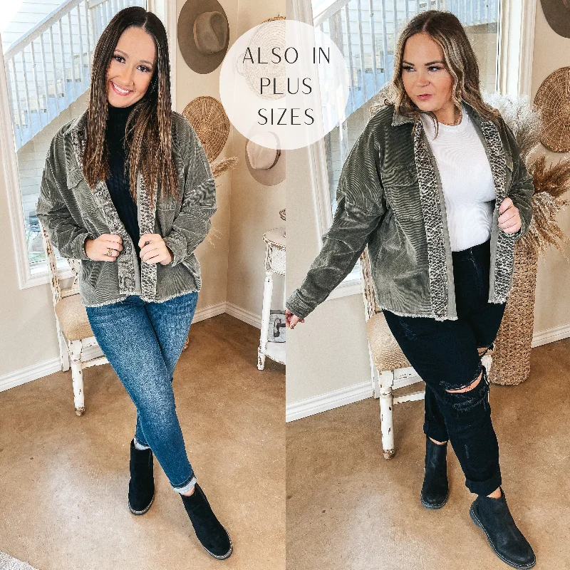 Deer Valley Resort Corduroy Shacket with Animal Print Trim in Olive Green Vintage Lace Blouse