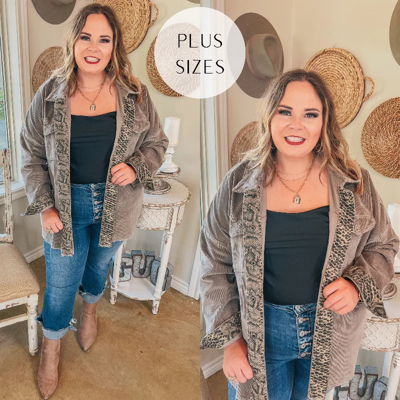 Plus Sizes | Deer Valley Resort Corduroy Shacket with Animal Print Trim in Stone Grey Puff Sleeve Blouse