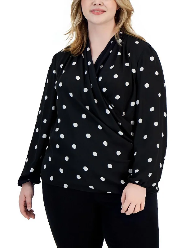 Plus Womens Chiffon Polka Dot Blouse Modern Work Blouse