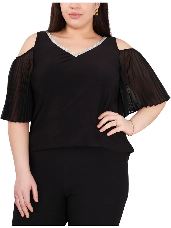 Plus Womens Embellished Pleated Blouse Embroidered Cotton Blouse