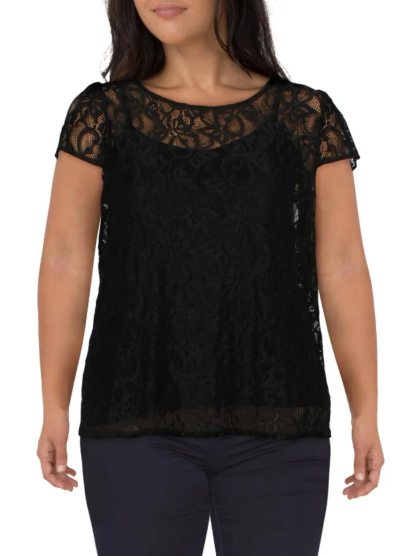 Plus Womens Lace Cap Sleeve Blouse Smart Casual Blouse