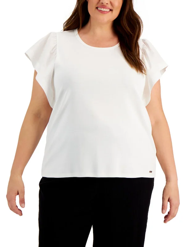 Plus Womens Mixed Media Round Neck Blouse Lightweight Linen Blouse
