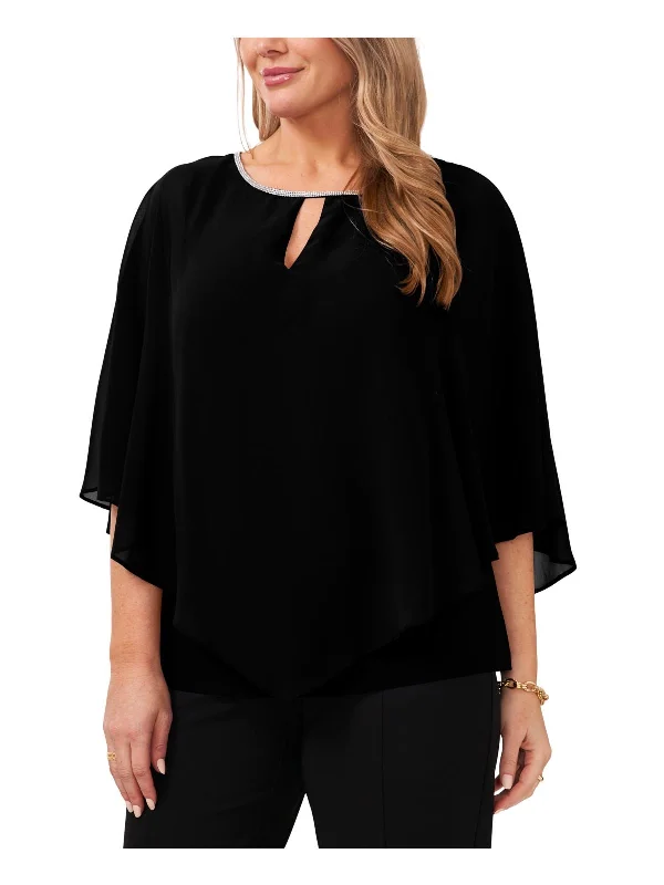 Plus Womens Rhinestone Polyester Blouse Delicate Bow Blouse