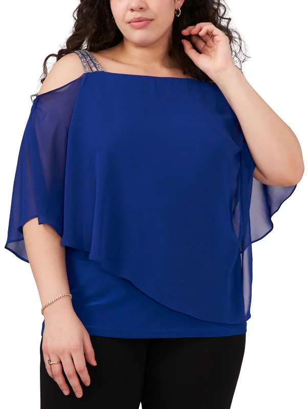 Plus Womens Rhinestone Straps Cold Shoulder Blouse Silky Draped Blouse