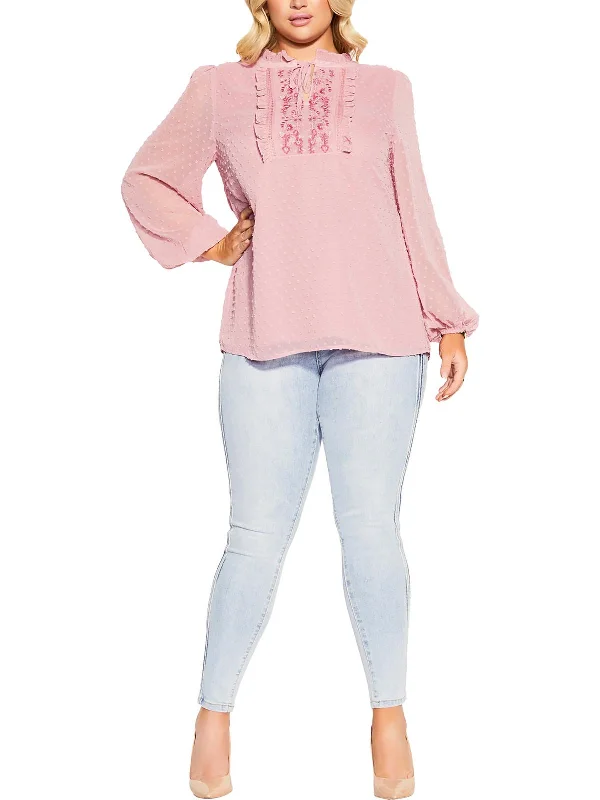 Plus Womens Ruffle Neck Embroidered Blouse Subtle Shimmer Blouse