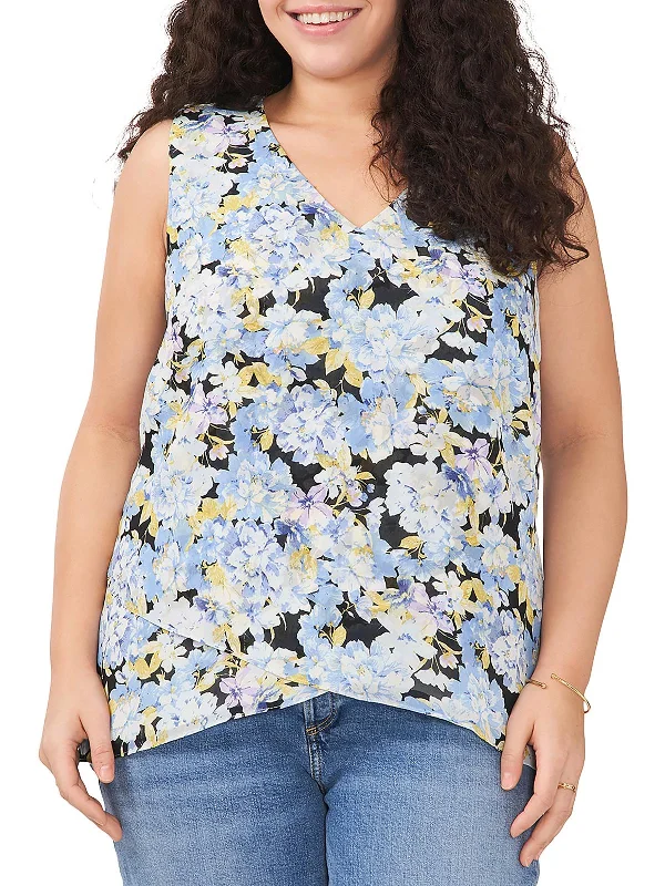 Plus Womens Sleeveless V-Neck Blouse Sheer Mesh Blouse