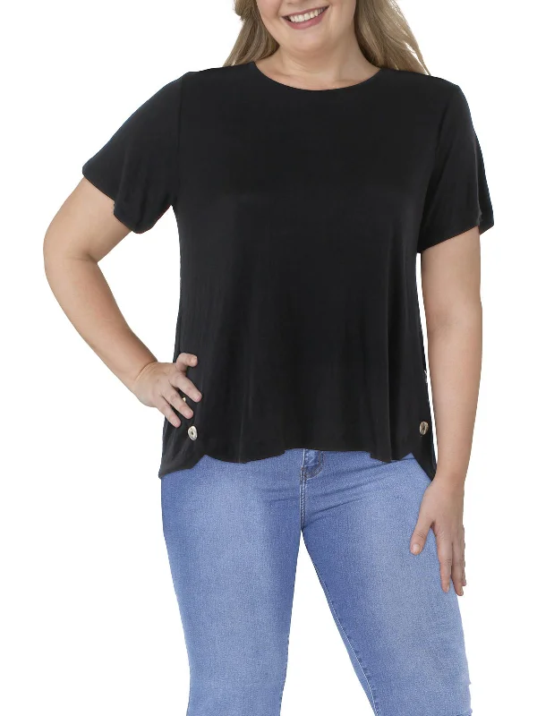 Plus Womens Slub Knit Blouse Sheer Sleeve Blouse