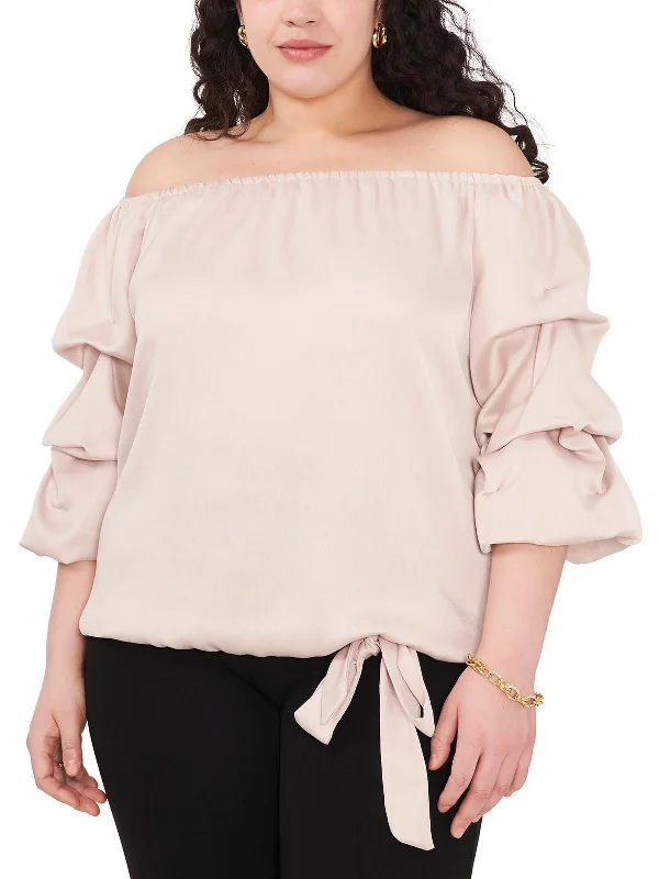 Plus Womens Textured Off the Shoulder Blouse Drape Neck Blouse