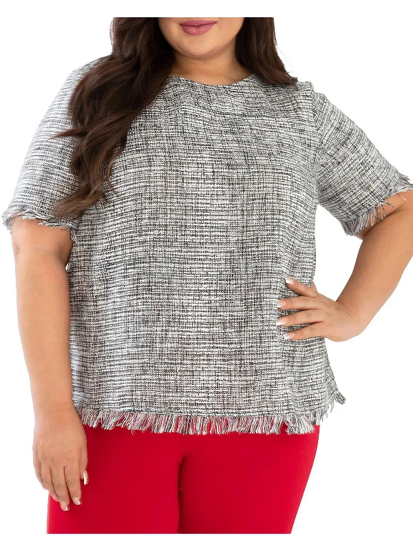 Plus Womens Tweed Fringe Blouse Vintage Polka Blouse