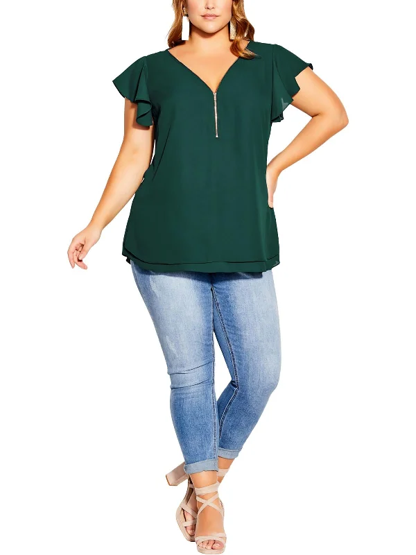 Plus Womens Zipper Flutter Sleeves Blouse Bell Sleeve Blouse