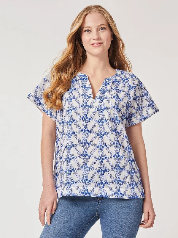 Popover Floral Embroidery Short Sleeve Blouse Sweetheart Neck Blouse