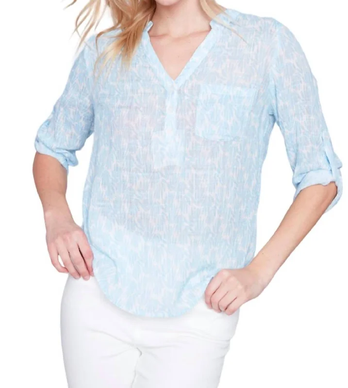 Printed Cotton Gauze Blouse In Sky Lightweight Linen Blouse