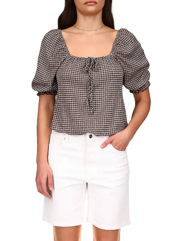 Remember Me Womens Square Neck Cropped Blouse Wrap Front Blouse