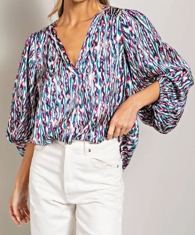 Retro Print V Neck Bubble Sleeve Blouse In Blue Polished Work Blouse