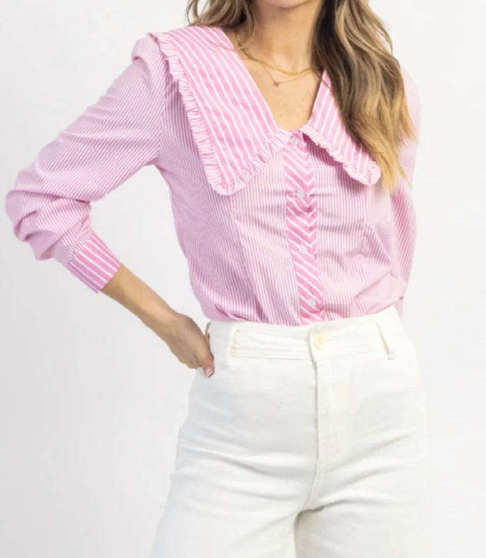 Ruffle Button Down Blouse In Pink Striped Sheer Mesh Blouse