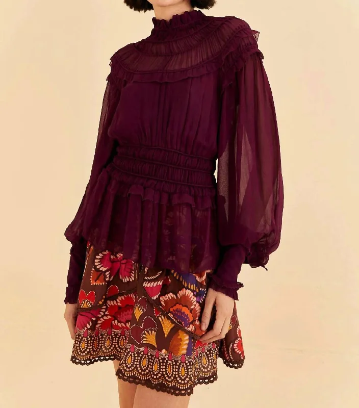 Ruffle High Neck Blouse In Burgundy Embroidered Cotton Blouse