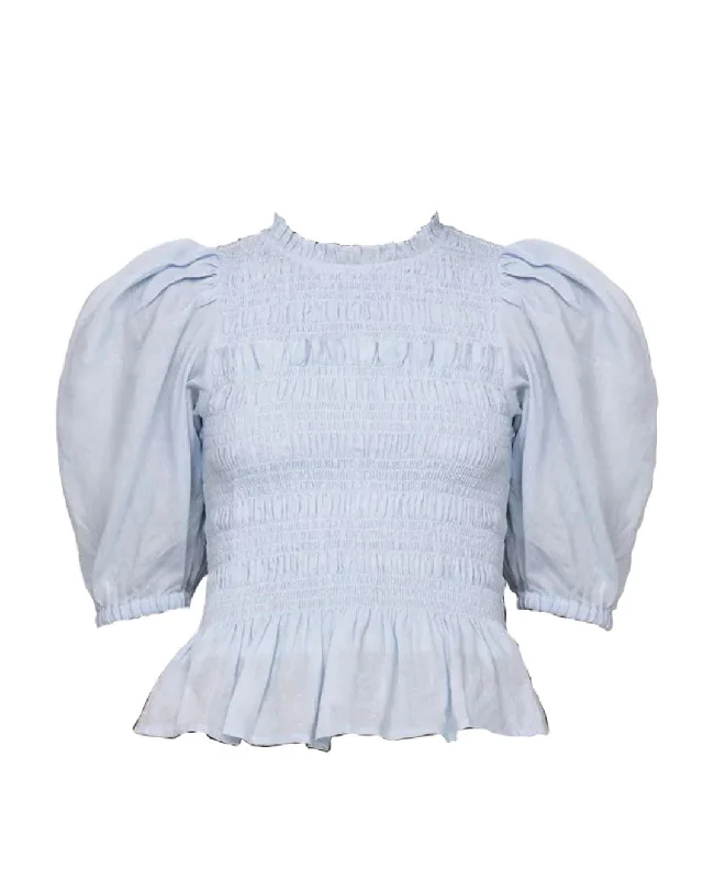 Sea Ny Women's Cole Smocked Ramie Long Sleeve Blouse, Sky Bell Sleeve Blouse
