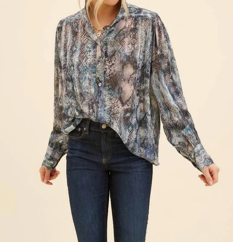 Shirred Blouse In Blue Snake Print Office Formal Blouse