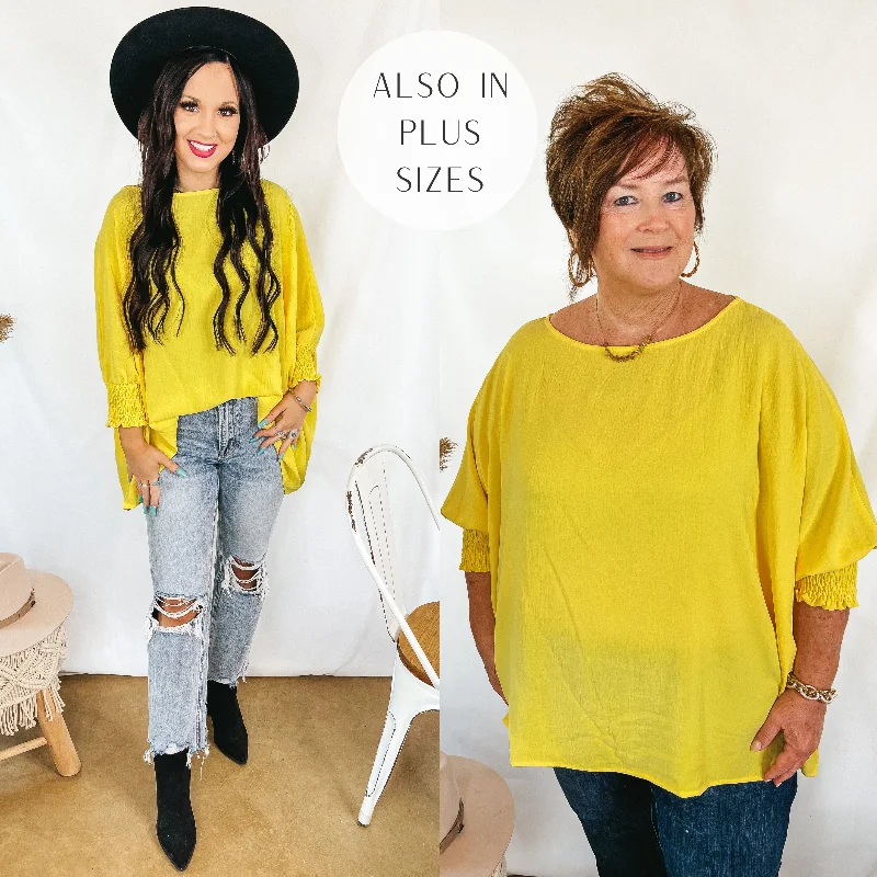 Last Chance Size Small & 1XL (oversized) | Growing and Glowing Smocked 3/4 Sleeve Oversized Blouse in Sunshine Yellow Floral Print Blouse