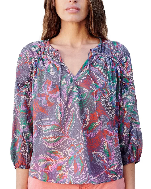 SUNDRY 3/4-Sleeve V-Neck Blouse Embellished Collar Blouse