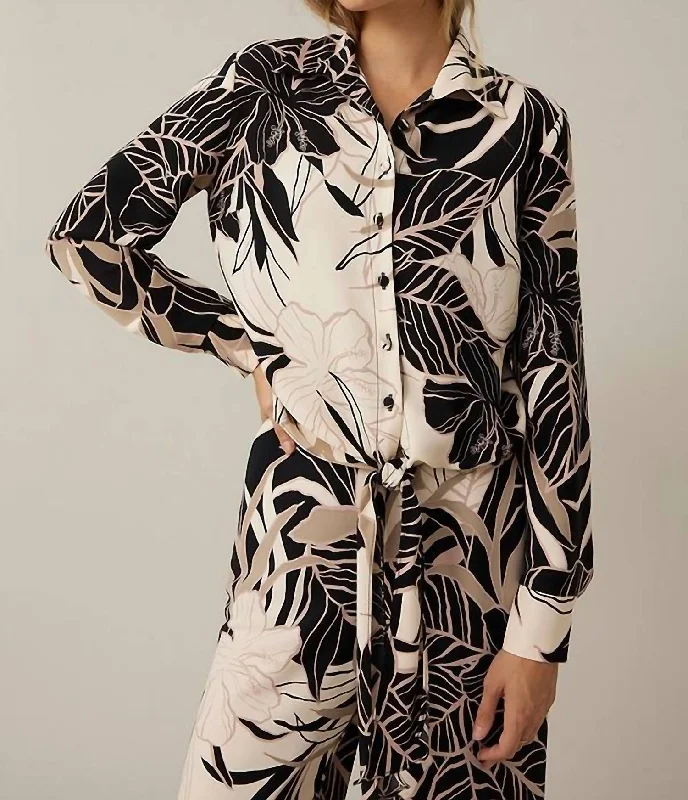 Tropical Print Blouse In Biege/black Lightweight Linen Blouse