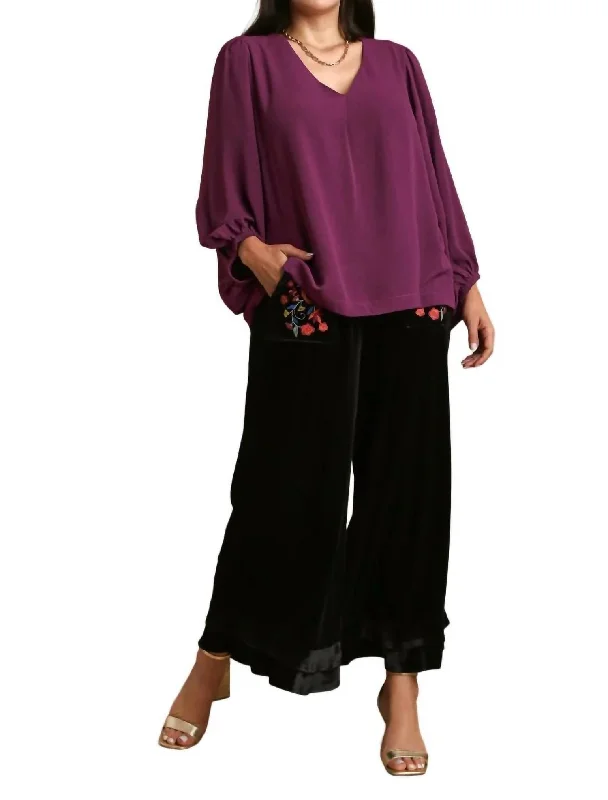 V-Neck Long Sleeve Tunic Blouse - Plus In Violet Elegant Semi-Sheer Blouse