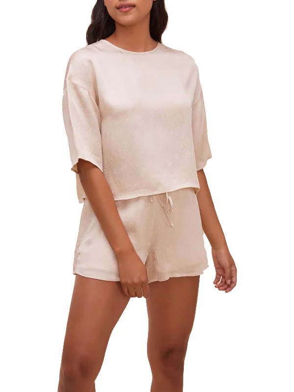 Valda Womens Satin Short Sleeves Blouse Chic Square Blouse