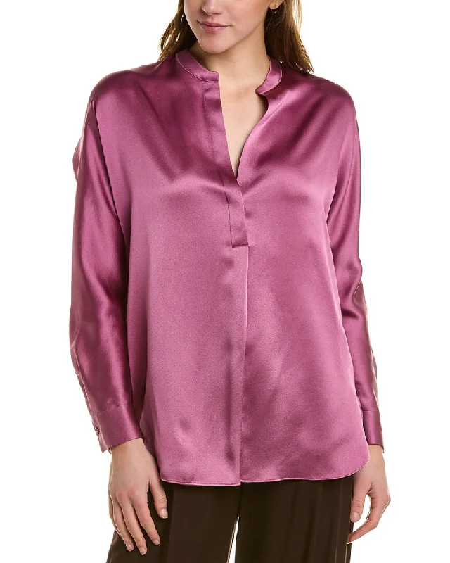 Vince Band Collar Silk Blouse Elegant Peplum Blouse