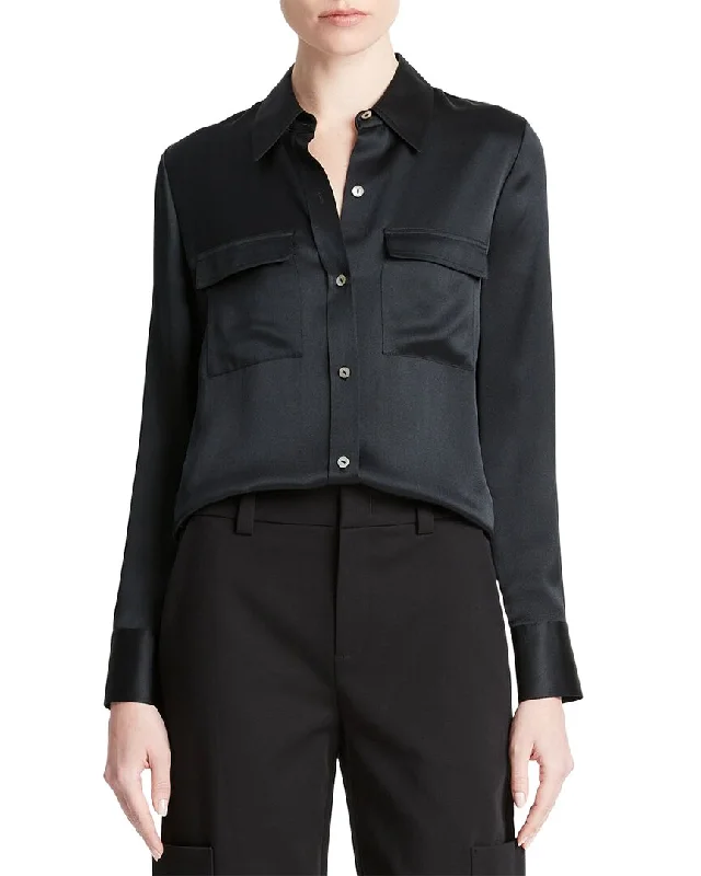 Vince Chest Pocket Silk Blouse Ruched Sleeve Blouse