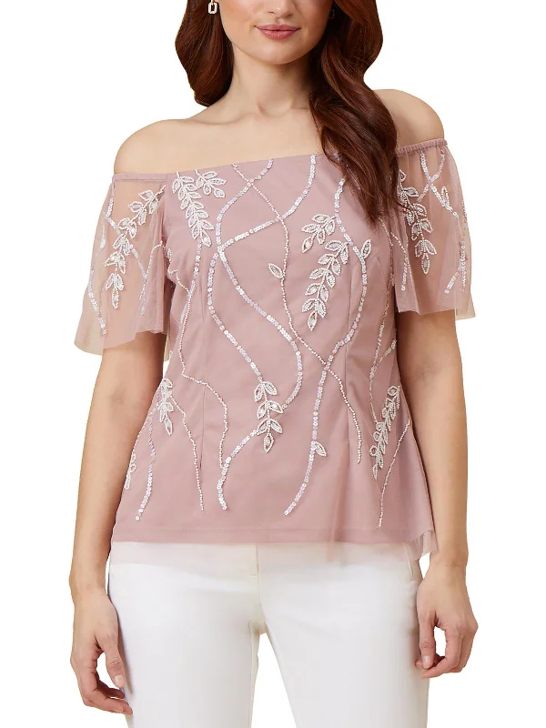 Womens Beaded Mesh Blouse Silky Tunic Blouse