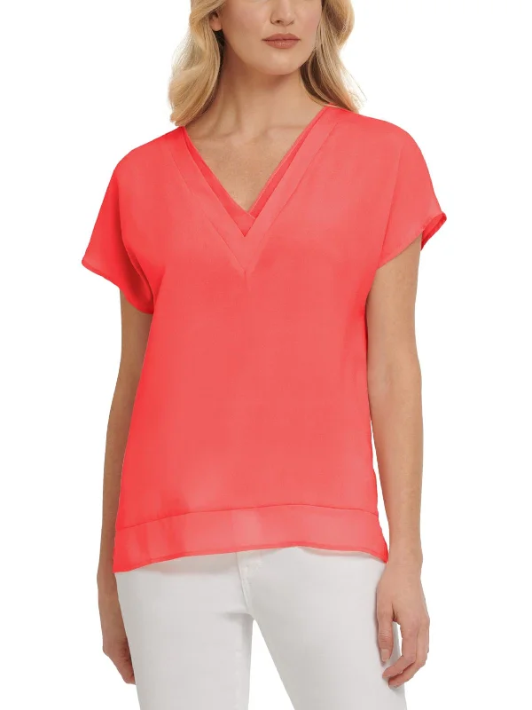Womens Chiffon V-Neck Blouse Mandarin Collar Blouse
