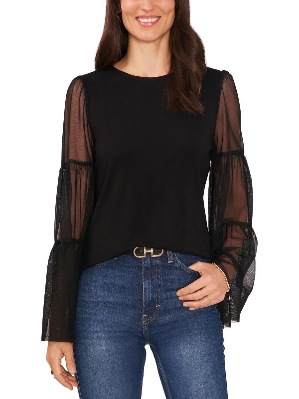 Womens Crewneck Mesh Blouse Ruched Sleeve Blouse