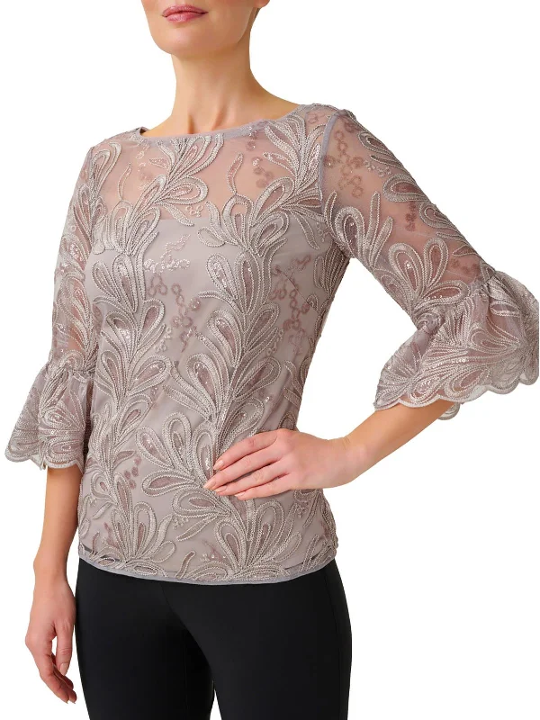 Womens Embroidered Sequined Blouse Off-Shoulder Wrap Blouse