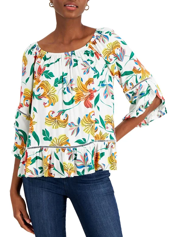 Womens Floral Print Ladder Stitch Blouse Feminine Ruffle Blouse