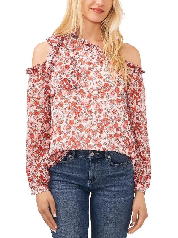 Womens Floral Print Polyester Blouse Ruffled Neck Blouse
