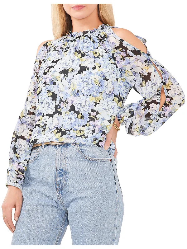 Womens Floral Print Ruffle Neck Blouse Playful Puff Blouse