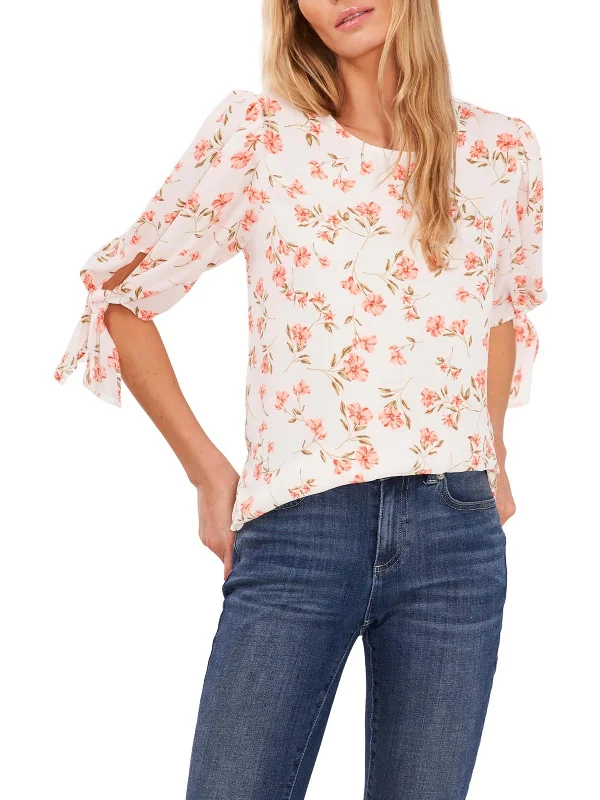 Womens Floral Print Tie Sleeves Blouse Textured Cotton Blouse