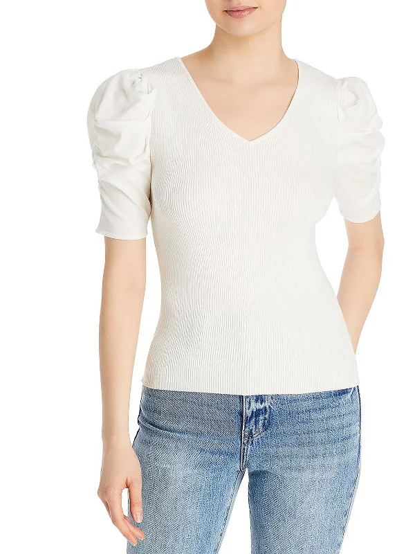 Womens Knit Shirred Blouse Silky Tunic Blouse