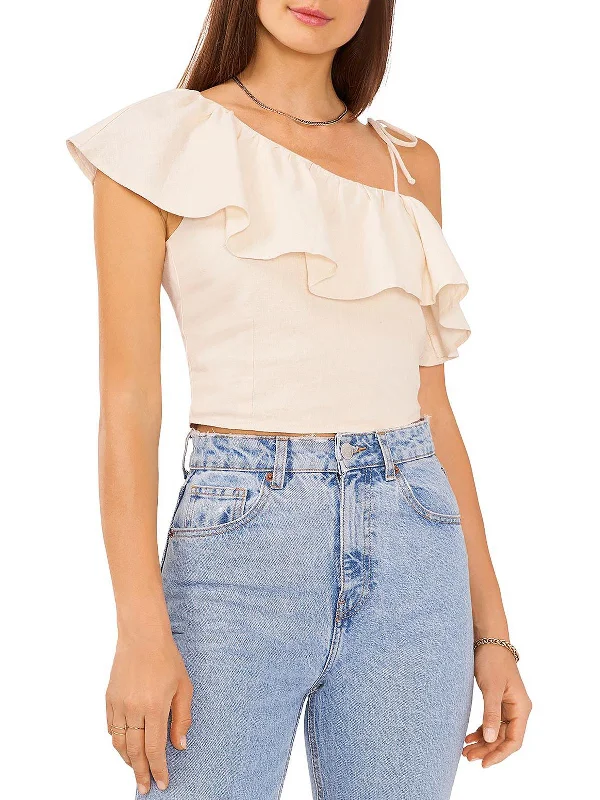 Womens Linen Blend Cropped Blouse Satin Bow Blouse
