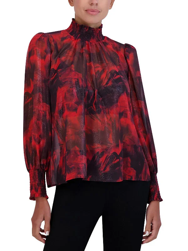 Womens Metallic Mock Neck Blouse Loose Fit Blouse