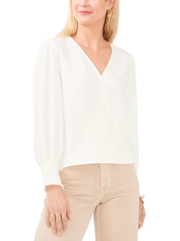 Womens Overlap Hem V-Neck Blouse Elegant Embroidery Blouse