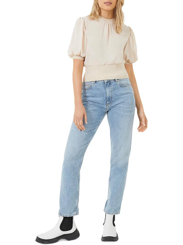 Womens Ribbed Trim  Polyester Blouse Satin Long Blouse