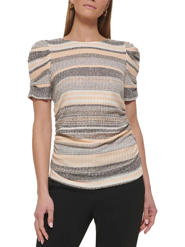 Womens Ruched Sides Striped Blouse Short Sleeve Blouse