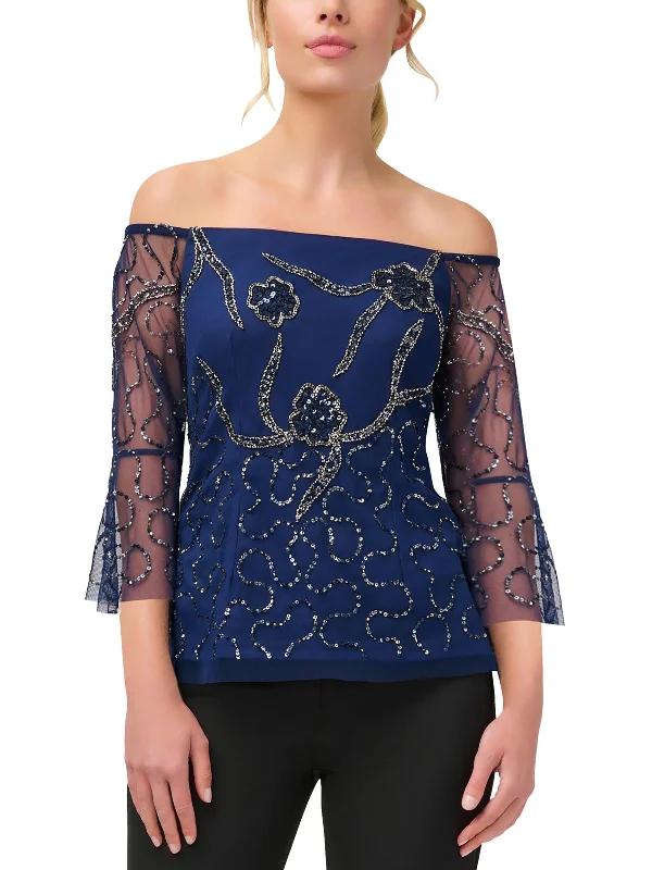 Womens Sequined Beaded Blouse Satin Bow Blouse